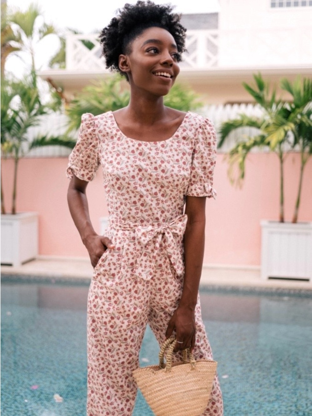 Gal Meets Glam Iris Pink Floral Cotton Puff Sleeve Belted Jumpsuit